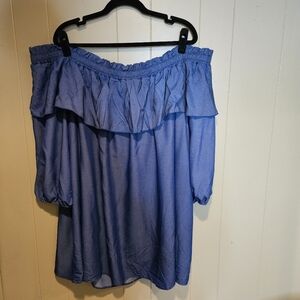 Ashley Stewart Off-the-Shoulder Blue Ruffle Top, Plus-Size 30/32, Flowy